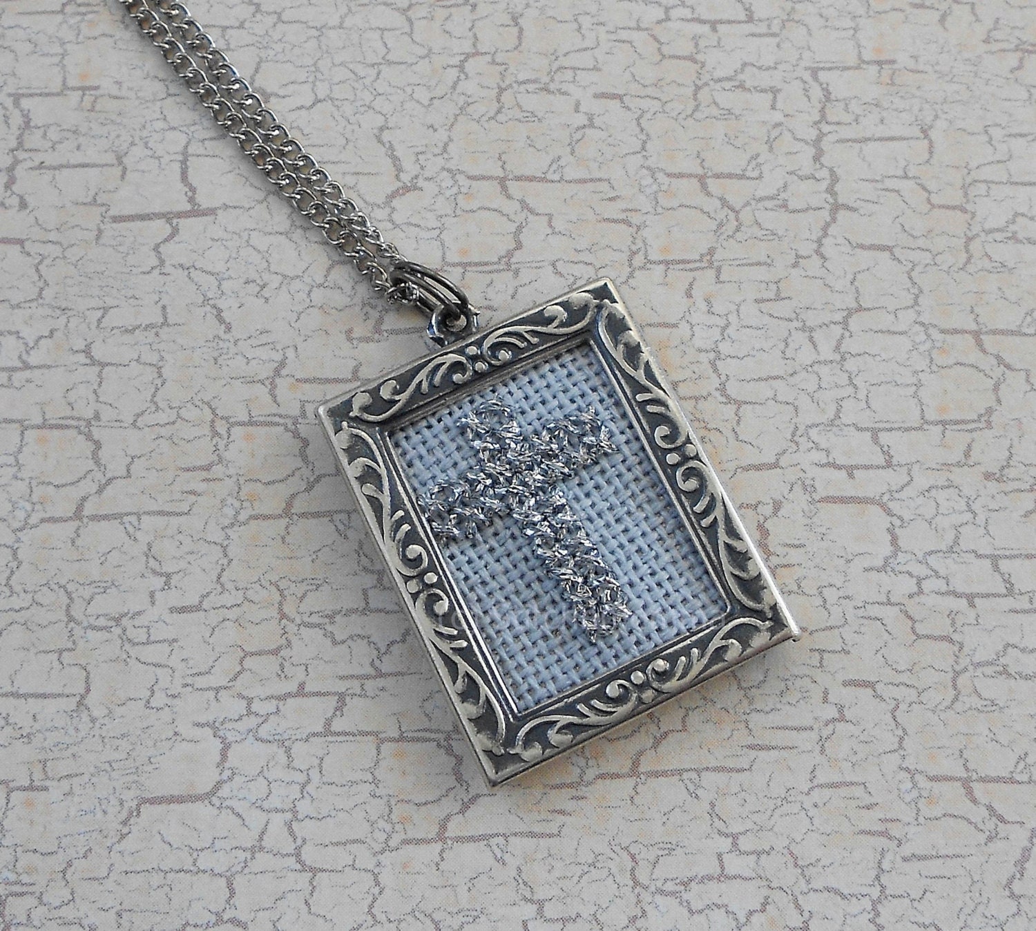 Silver Cross on Blue Cross Stitched Pendant Necklace
