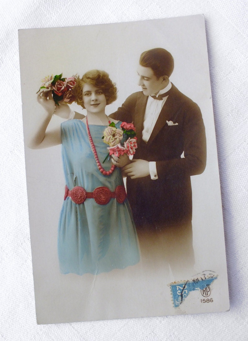 Vintage French Lovers Postcard/ French Couple Card Home Decor/Collectible Romantic Black and White Photography/Recolored French Photography