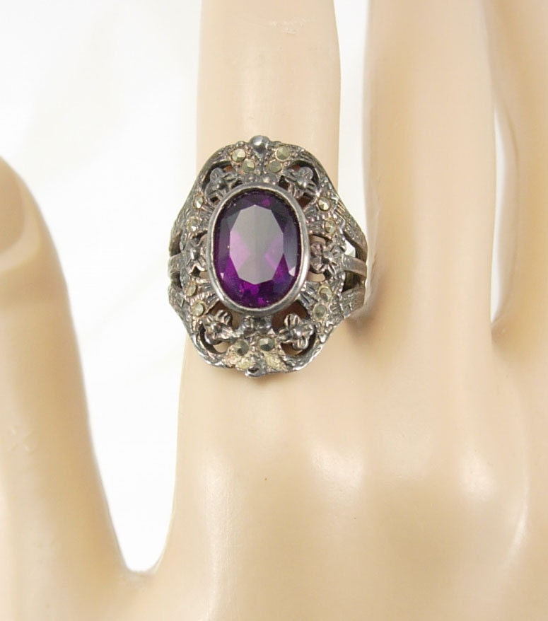 Art deco Sterling Amethyst marcasite ring fancy filigree setting February birthstone size 7 1/2