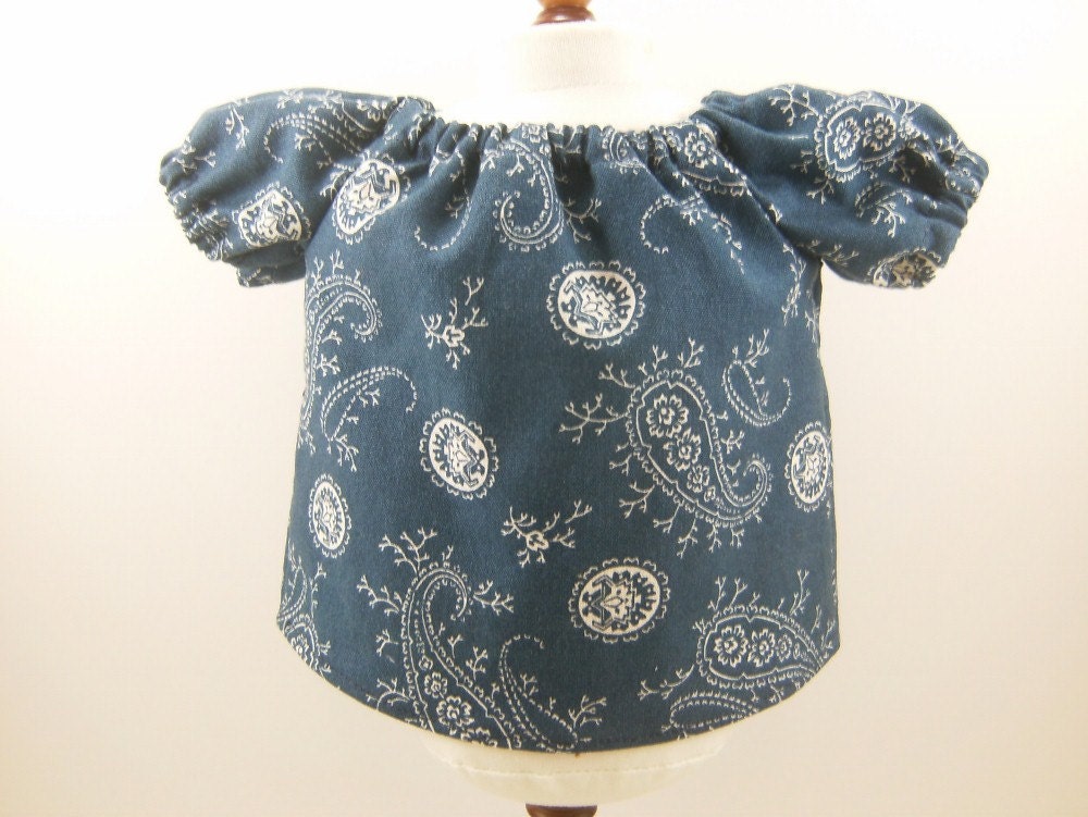 Doll Peasant Top Fits American Girl and Bitty Baby Sized Dolls Denim Blue and White Paisley Print Shirt Blouse Girls Toy