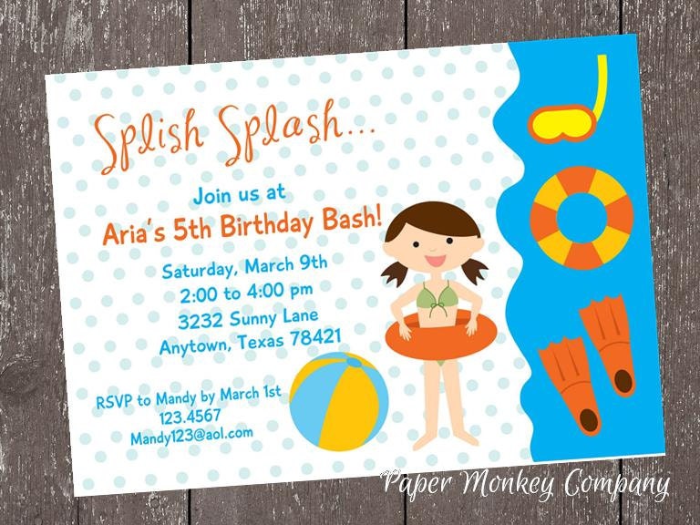 Brunette Girl Pool Party Invitation - 1.00 each with envelope Il_170x135