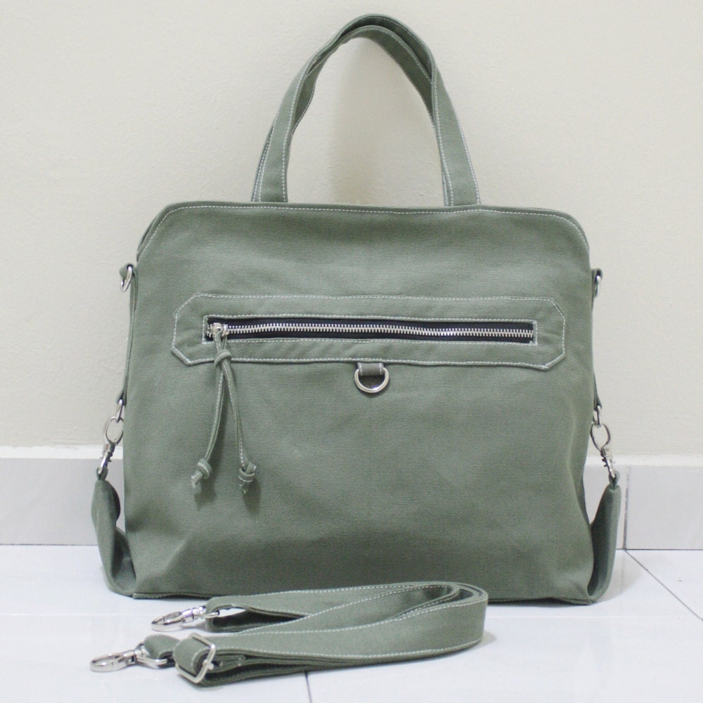 Father Day Sale - Army Green Canvas Women Zipper Tote Bag, Handheld, shoulder Bag, Crossbody, Working Bag - Wisey