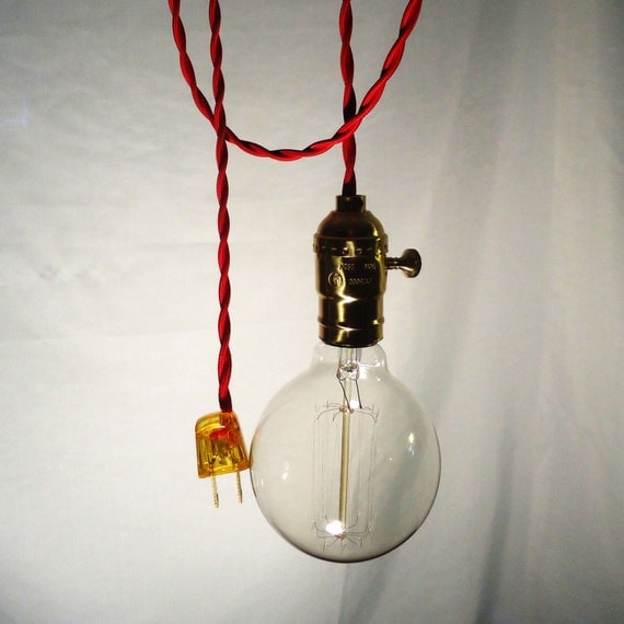 Hanging Lamp Twisted Red Cord Exposed Edison Bulb by Chancestore