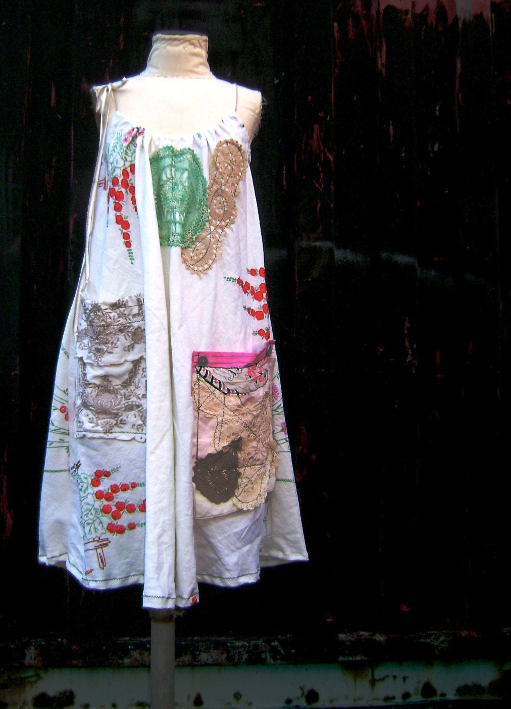 the picking wild blackberries dress, linen exsquisit hand stitched antique linen dress,red flowers, summer beach dress