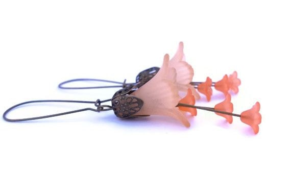 Mother's Day Sale, Orange Flower Earrings - Orange Trumpet & Daisy Flower Earrings with Antique Bronze Findings and Kidney Earwires