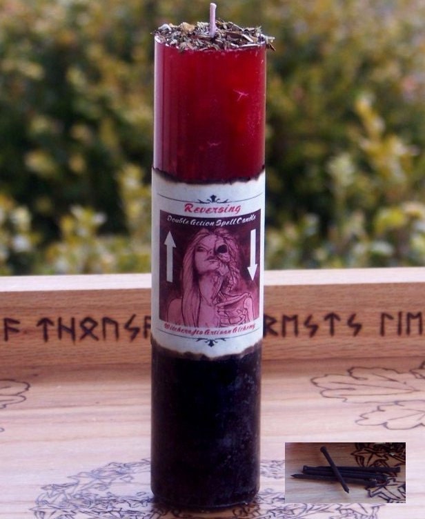 REVERSING & TWISTING Double Action Herb Loaded Red Over Black Vodou Witches Candle w/ Coffin Nail to Reverse, Twist, Get Things Back To Good