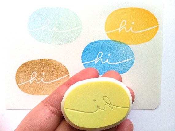 hi rubber stamp. oval rubber stamp. hand carved rubber stamp. hand carved stamp.