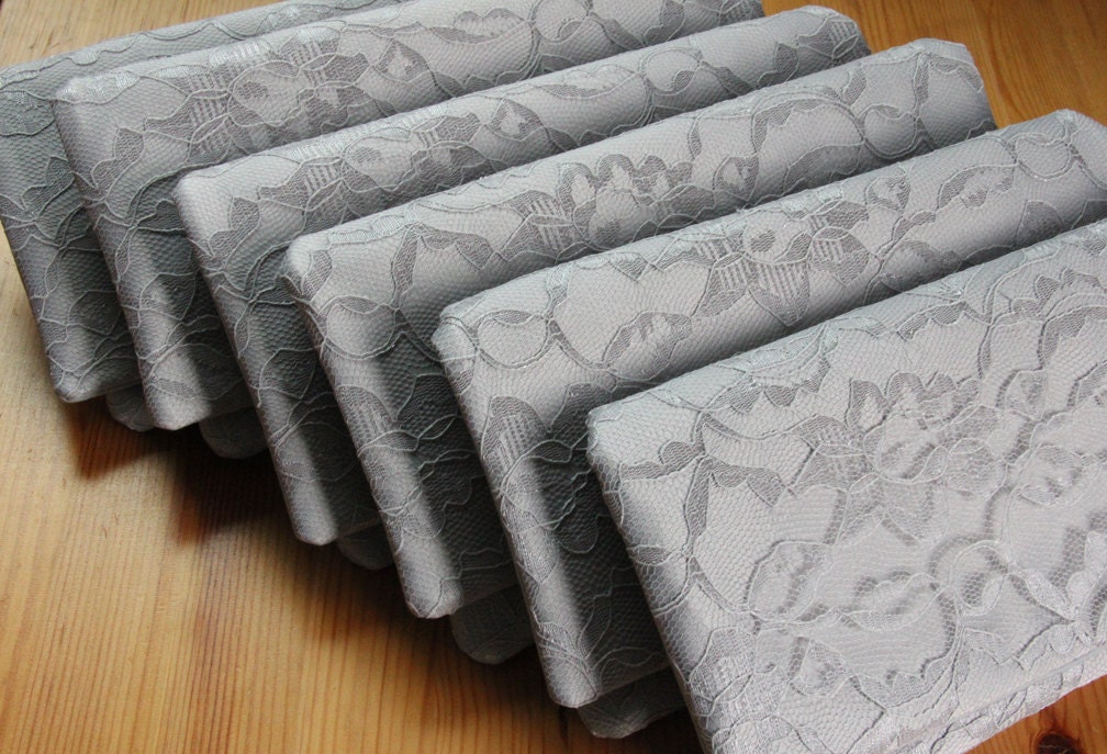 4 Bridesmaid Clutches - Gray Satin Lace Wedding Clutch - Pick Your Own Fabric and Lace