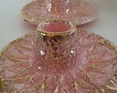 Vintage Candlestick Holders Pair Made By USA Pink W Gold Splatter 1950s Retro Kitsch Mid Century