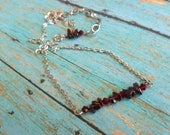 Bead Bar Necklace Silver with Red Natural Garnet and Swarovski Crystals