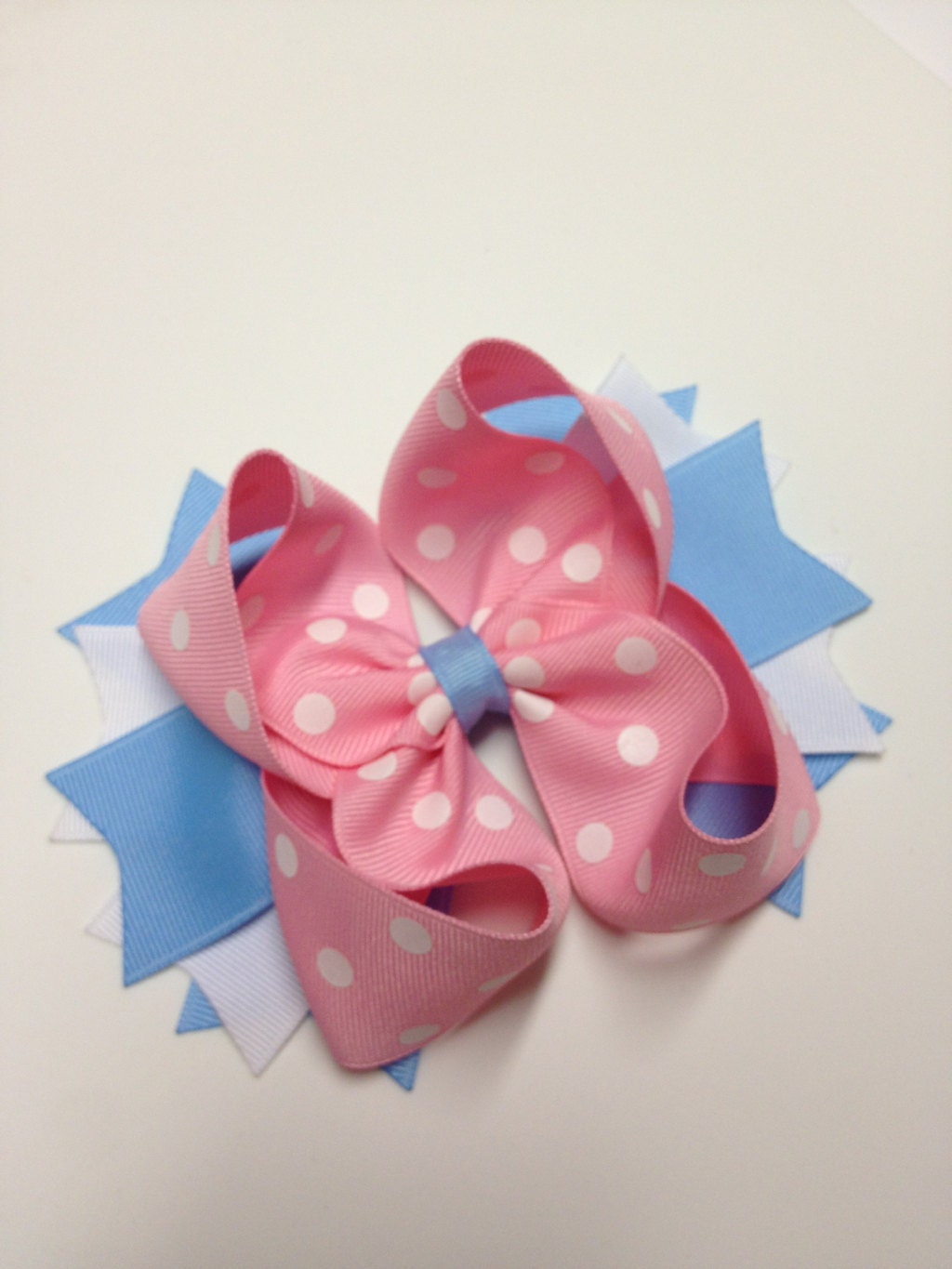 Light pink poladot with blue and white boutique bow large