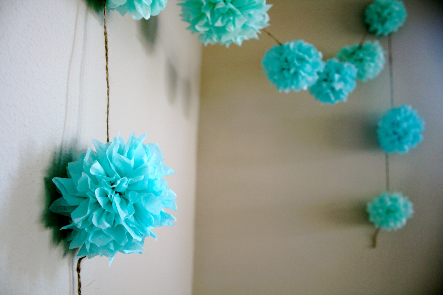 Aqua Love ... diy tissue paper pom garland // nursery // wedding decorations // birthdays // party decorations