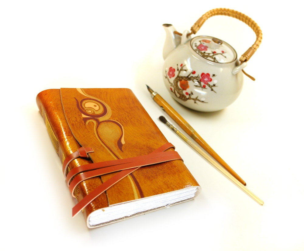 Journal - Antique Gold Orange Leather Journal - Hand Torn Paper, Hand Bound, Painted Notebook