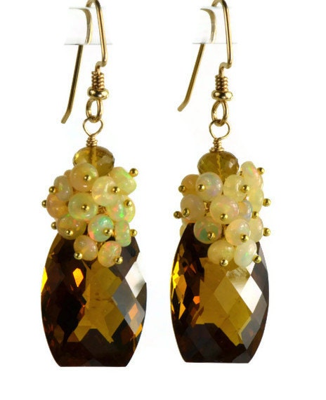 Valentines Sale-Cognac Topaz Opal Gemstone Dangle Earrings, 14k Gold Filled Wire Wrapped Earrings