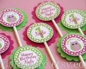 LOOK WHOO's ONE Personalized Hot Pink and Lime Green Polka Dot Cupcake Toppers