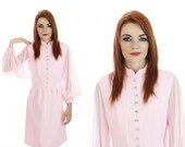 60s Mod Formal Dress 1960s Vintage Mad Men Pink With Sheer Sleeves Rhinestone Buttons Embroidered Trim Mini Small S Medium M