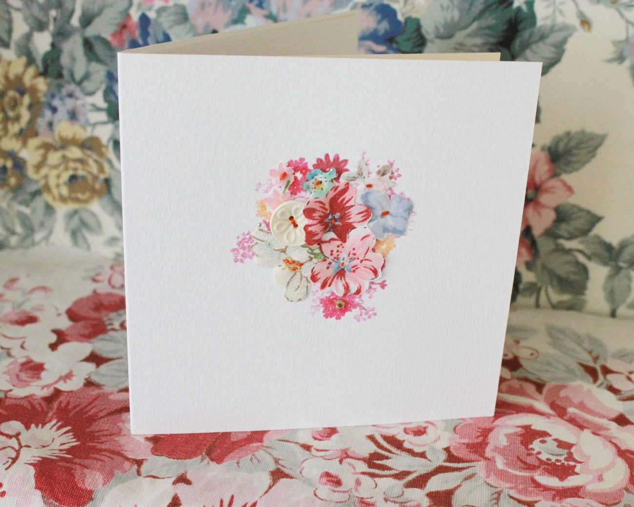 Fabric collaged 'floral arrangement' card - blank. (no.9)
