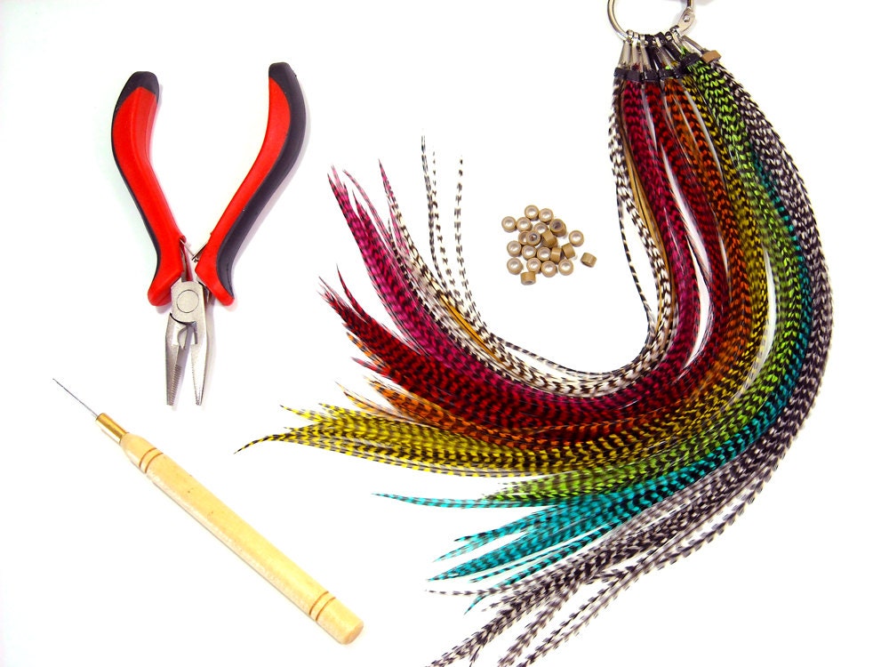 Grizzly Rainbow Feather Extensions, Long 80 Feather Travel Kit