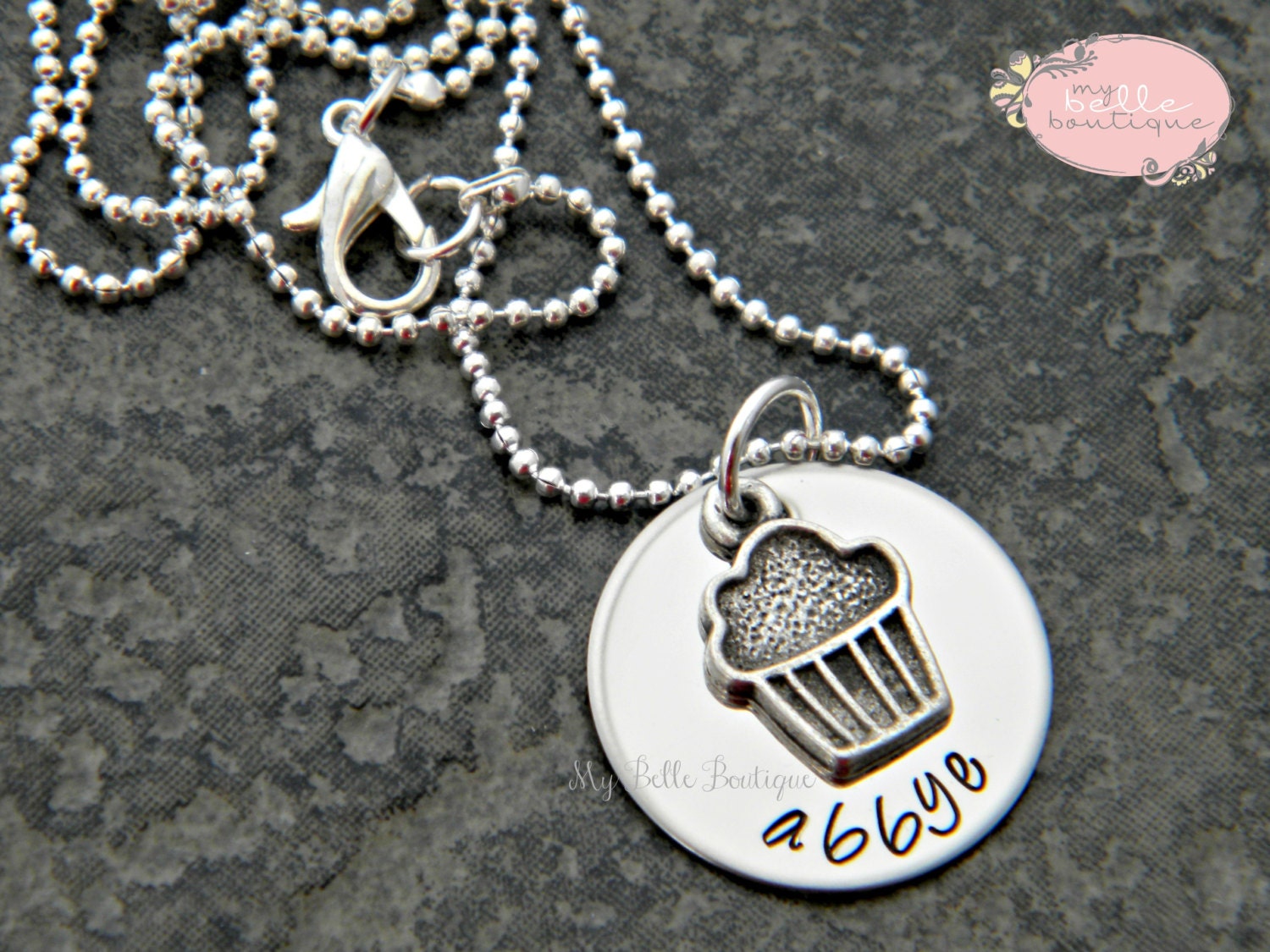 Personalized Hand Stamped Necklace with Cupcake Charm