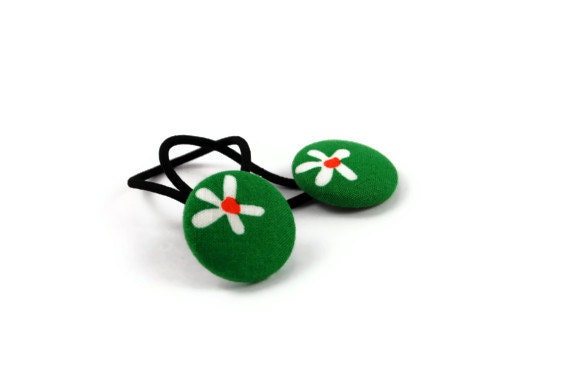 Pair of Covered Button Hair Ties, Green with Daisies