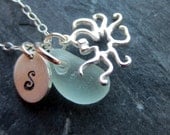 Octopus Charm Necklace, Sterling Silver with Seafoam Sea Glass, Personalized Initial Charm Necklace, Sea Life Jewelry, Ocean Gift