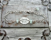 Beach Girl Bracelet, Sterling Silver and Genuine Sea Foam Sea Glass Bracelet, Hand Stamped, Large Link Sterling Chain