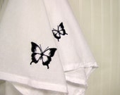 set of 2 butterfly tea towels - embroidered - spring home decor - black and white - flour sack towel