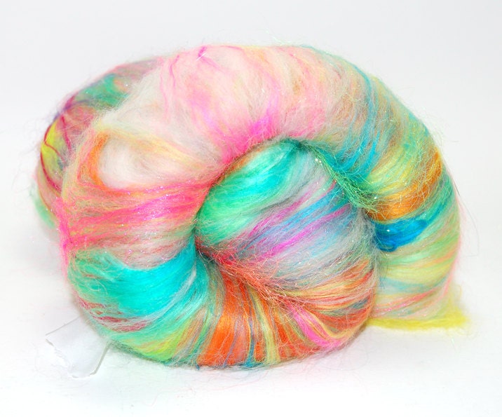 Wool Fiber Batt - Milky Way OOAK - 4.4 oz Pink Blue Green