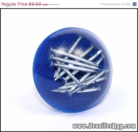 On Sale Nails in a Blue Ocean Real Nails in Dark Blue Resin Ring