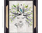 FAERY WOODLAND FAIRY art print from original artwork on upcycled vintage dictionary book page Forest Tree Birds Girl blue green 8x10