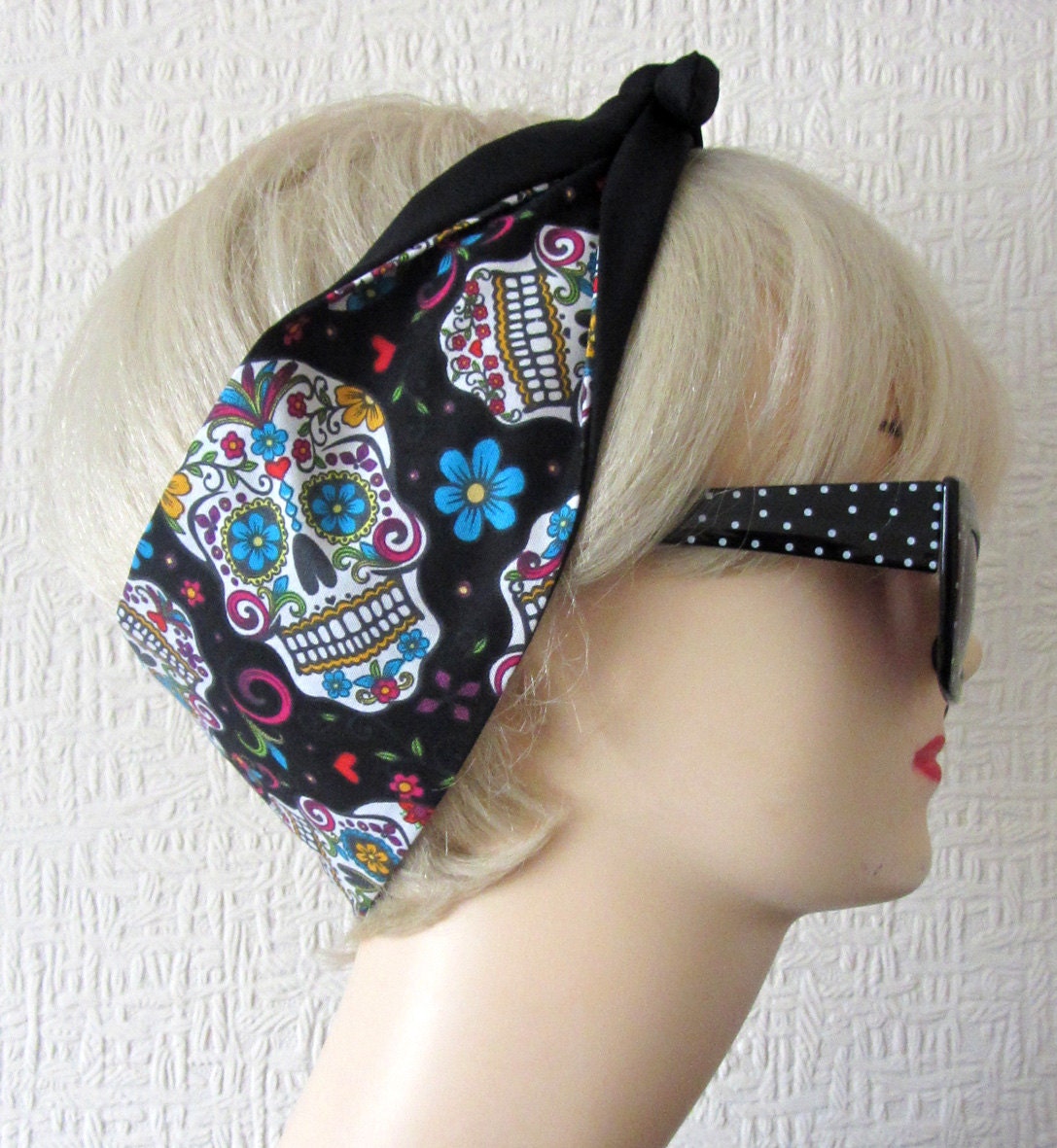 Day of The Dead Sugar Skull Flowers in Black , Rockabilly Hair Tie Head Scarf by Dolly Cool