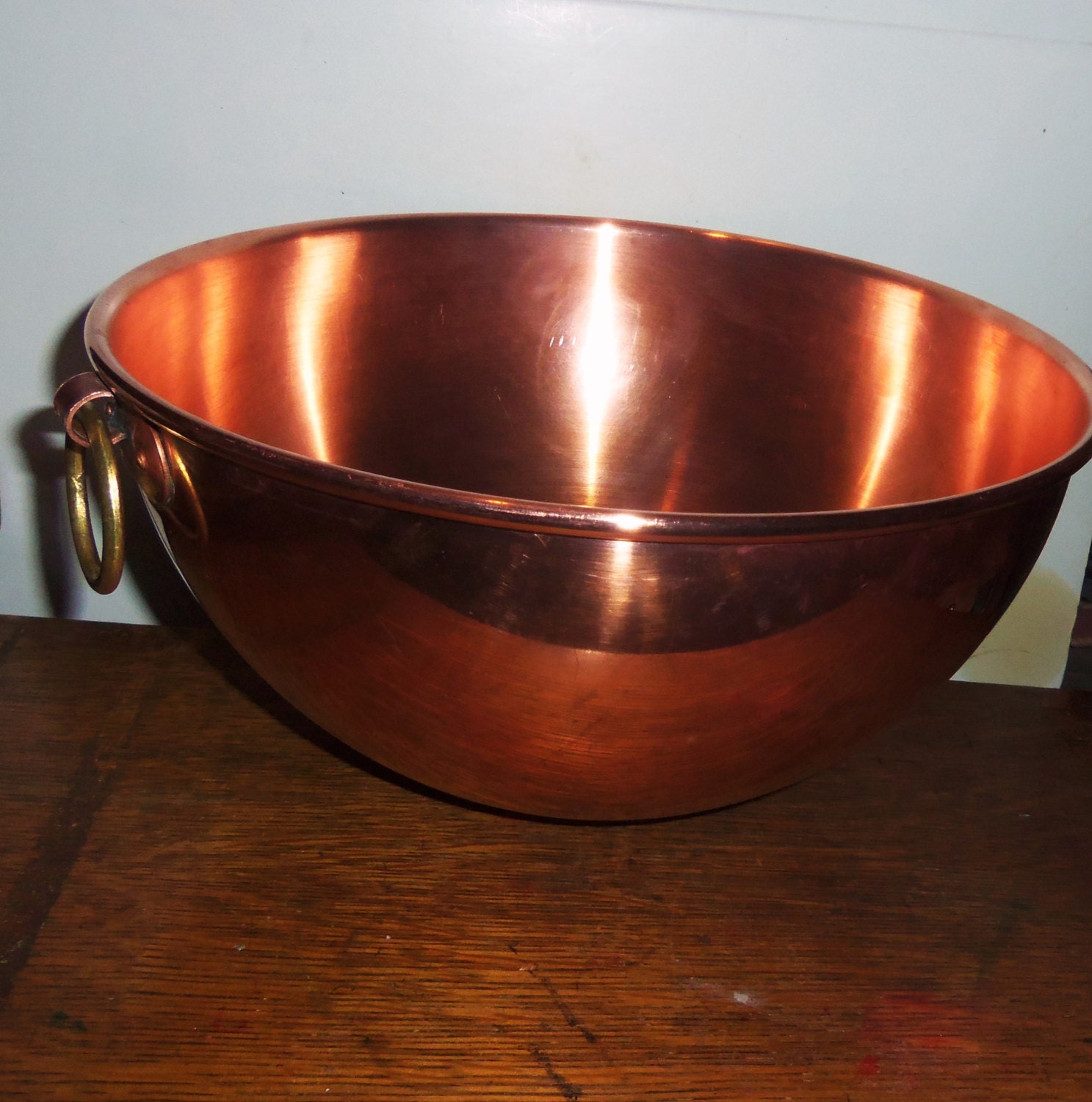 Vintage French Copper Mixing Bowl 10 3/4" VILLEDIEU Egg Whisking Omelette Meringue brass ring