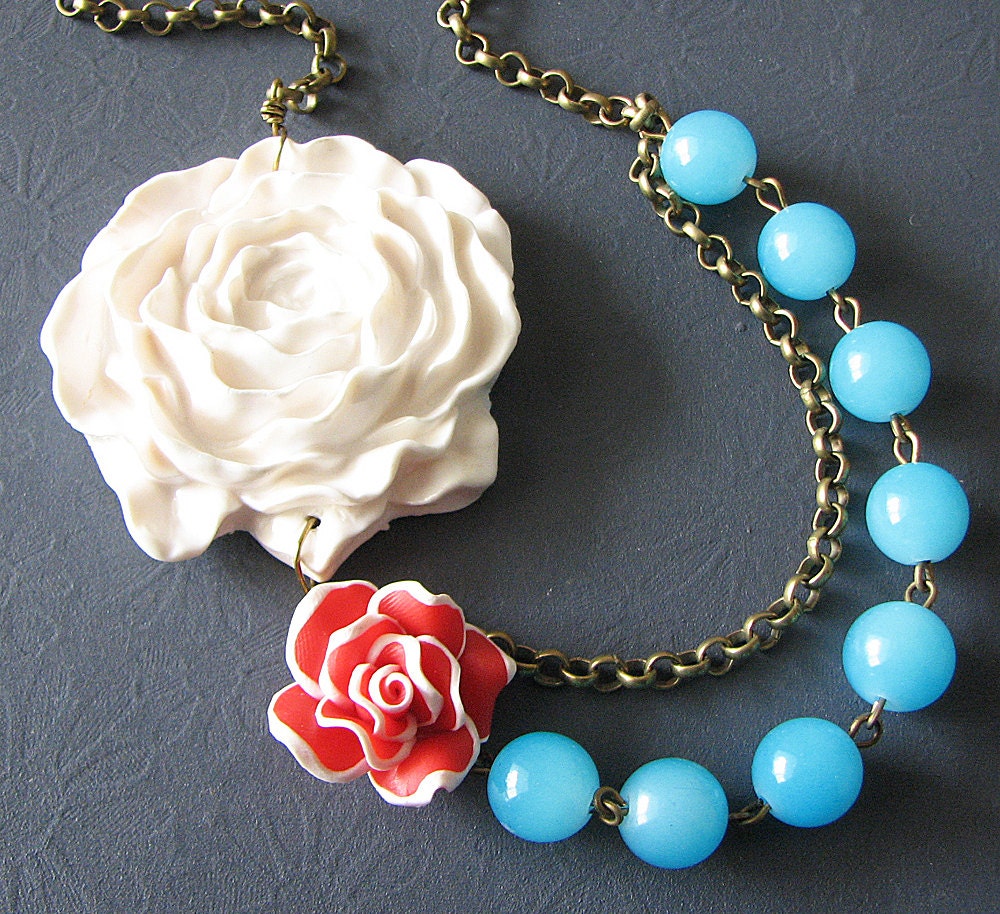 White Flower Necklace Aqua Jewelry Bib Statement Necklace Turquoise Necklace Bridesmaid Necklace Double Strand