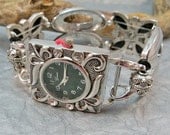 Stretch Band Watch, Womens Watch with Interchangeable Watch Band, Black and Silver , Beaded Watch Band, Silver Watch