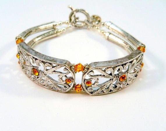 Double Strand Bracelet, Silver Bracelet, Beaded Bracelet, Amber Crystal Bracelet, Birthstone Jewelry, Fashion Jewelry