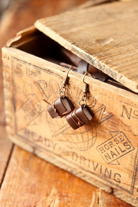 Brown Mini Leather Journal Earrings - Handmade Mini Book Jewelry