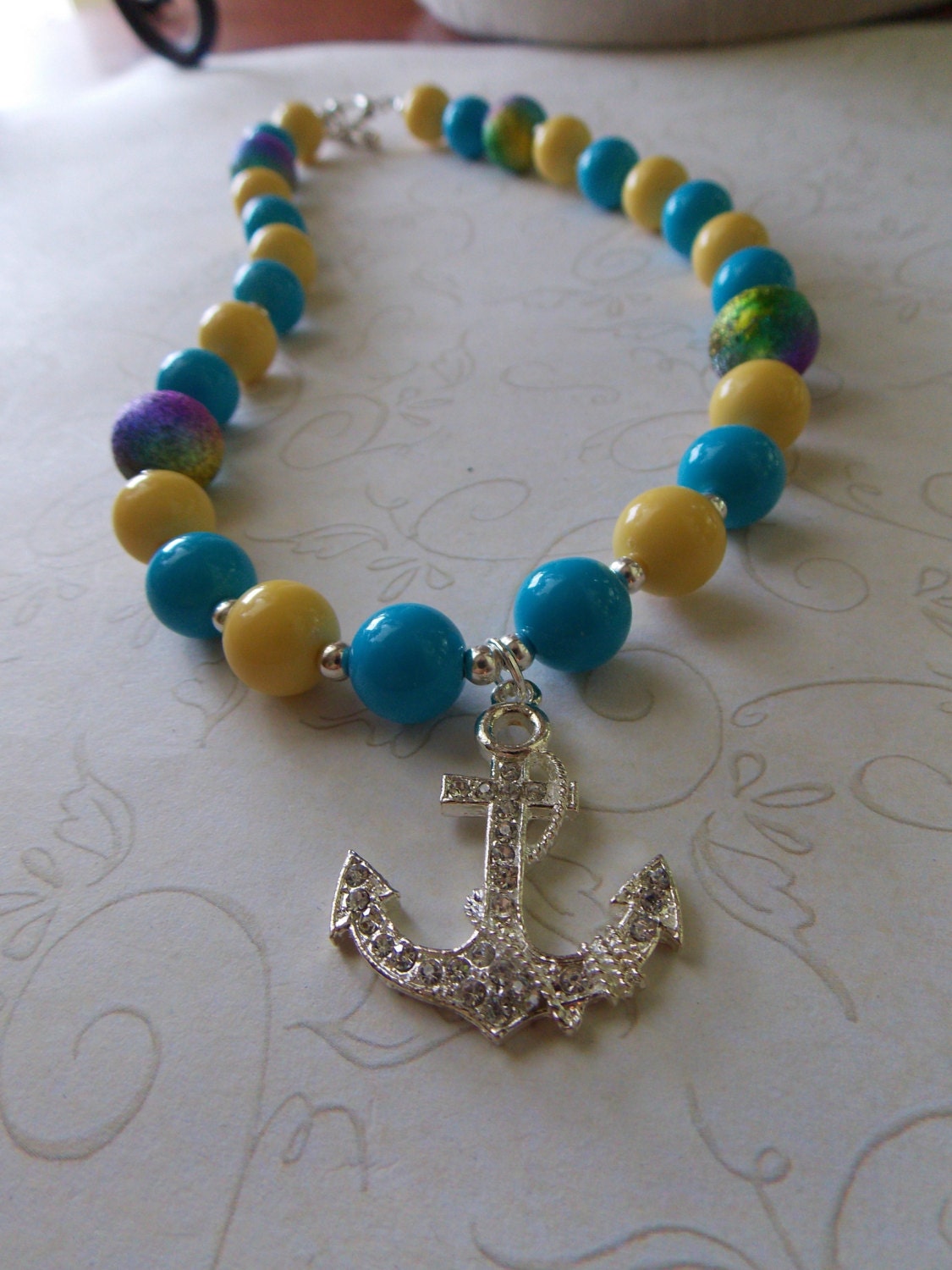 Princess Necklace Rhinestone Anchor Necklace Yellow Teal Blue Little Girl Jewelry Baubles Beads