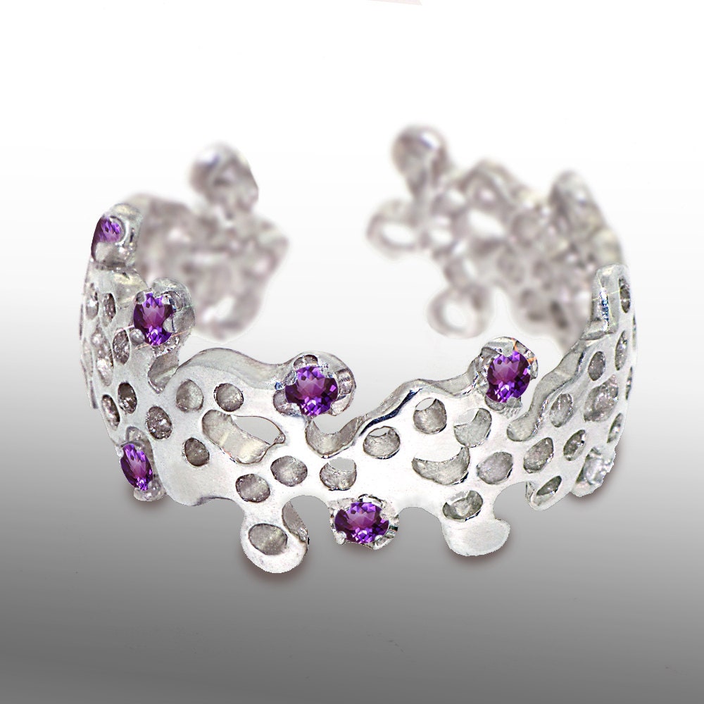 LACE Sterling Silver Ring, Adjustable Ring, Amethyst Ring, Silver Gemstone Ring,  Italian Designer