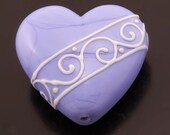 Lampwork Beads Ivory Scrolls  Periwinkle Purple Heart Focal Bead Handmade Glass Heather Behrendt  BHV SRA LETeam