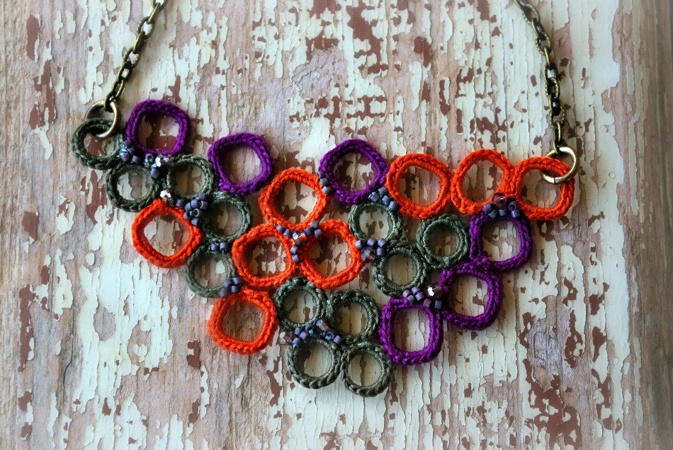 Cluster Crochet Necklace in Brick, Purple and Taupe
