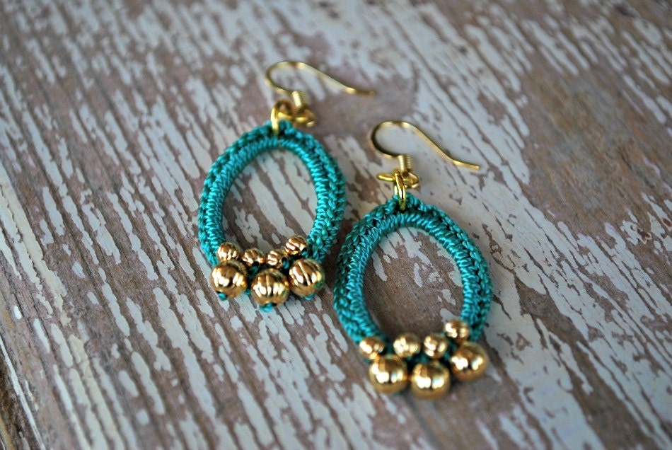 Beaded Crochet Earrings in Dark Aqua with Gold Beads