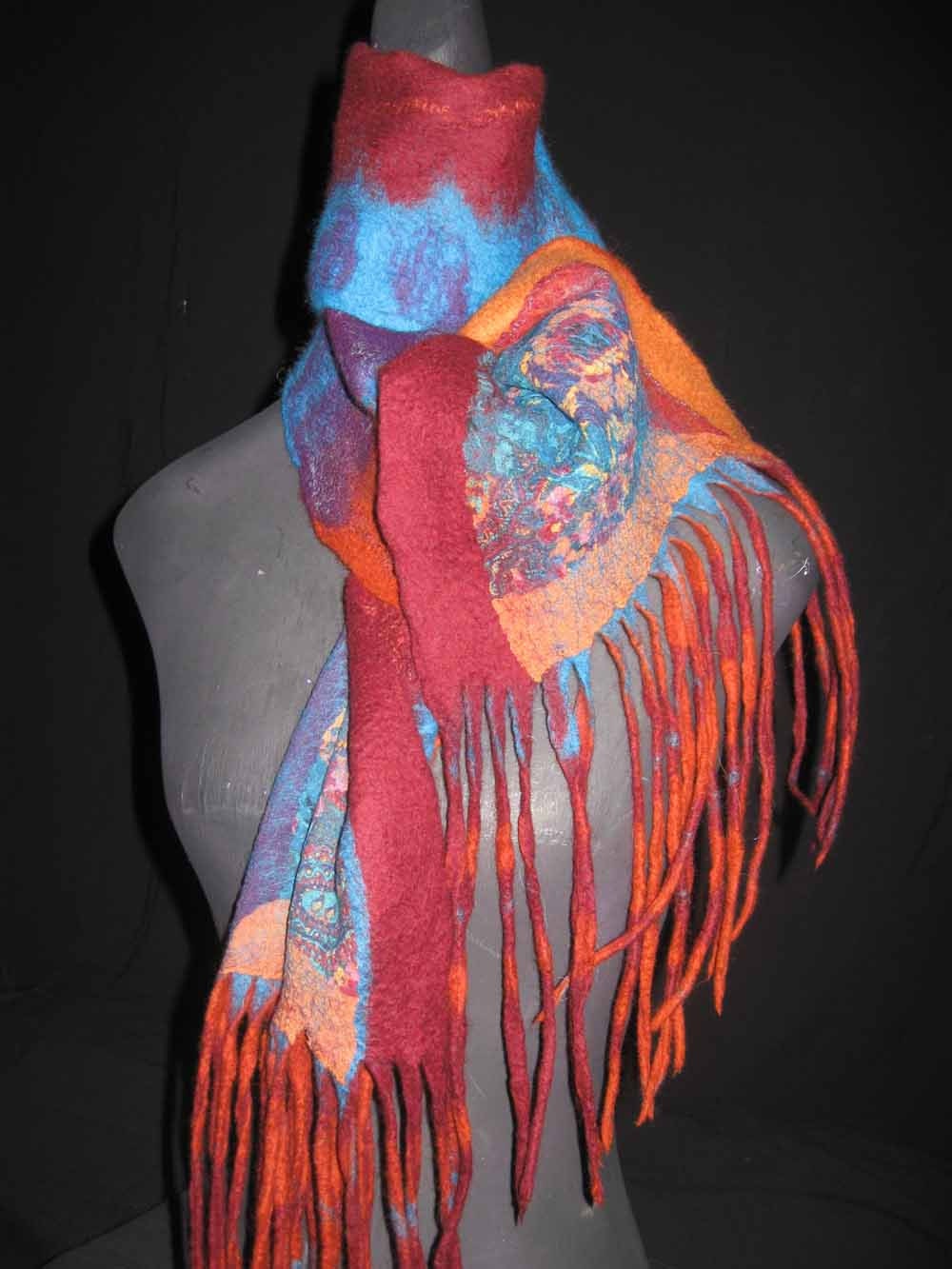 Nuno Felted Silk and Merino Wool Turquoise and Orange Scarf