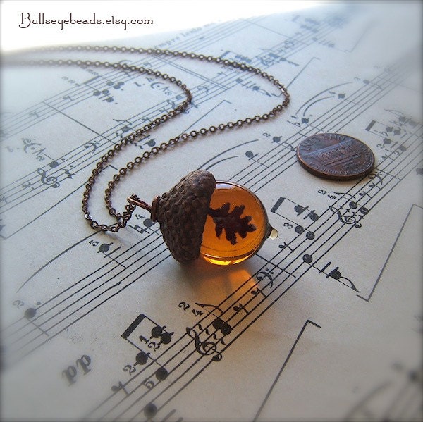 Glass Acorn Autumn Necklace - Topaz with Encased Copper Oak Leaf by Bullseyebeads