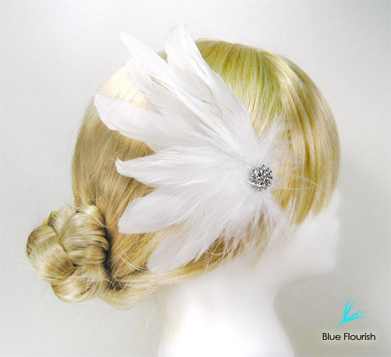 Bridal feather hair clip weddings accessories white feather hair clip classic bridal hair clip bride white hair clip rhinestone Esty wedding