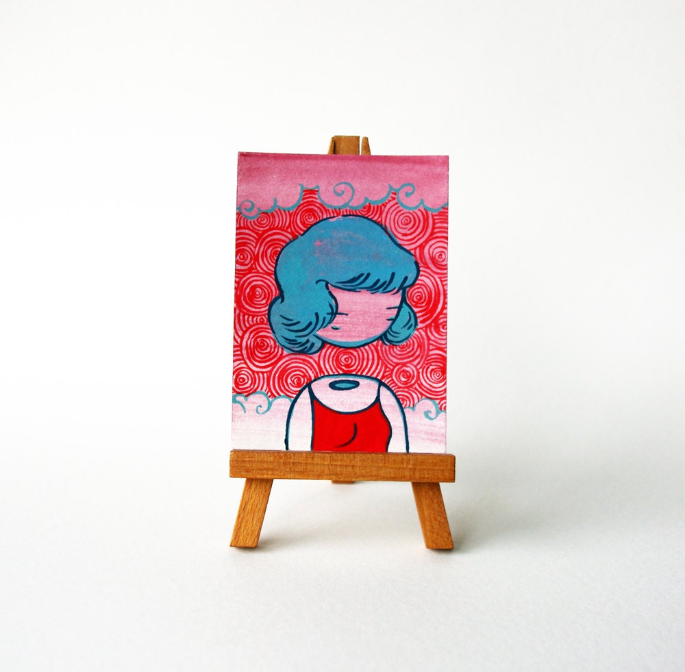 Pop Art - Tiny original watercolor painting - cute blue-haired girl portrait - ACEO number 70