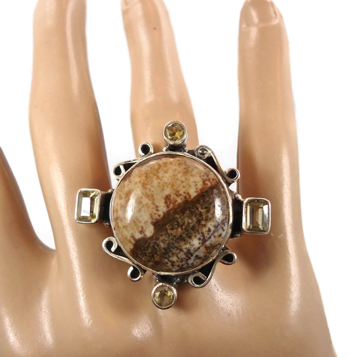 Picture jasper sterling silver ring - Accented with citrine, Huge, large ring - Size 6.5 - InVintageHeaven