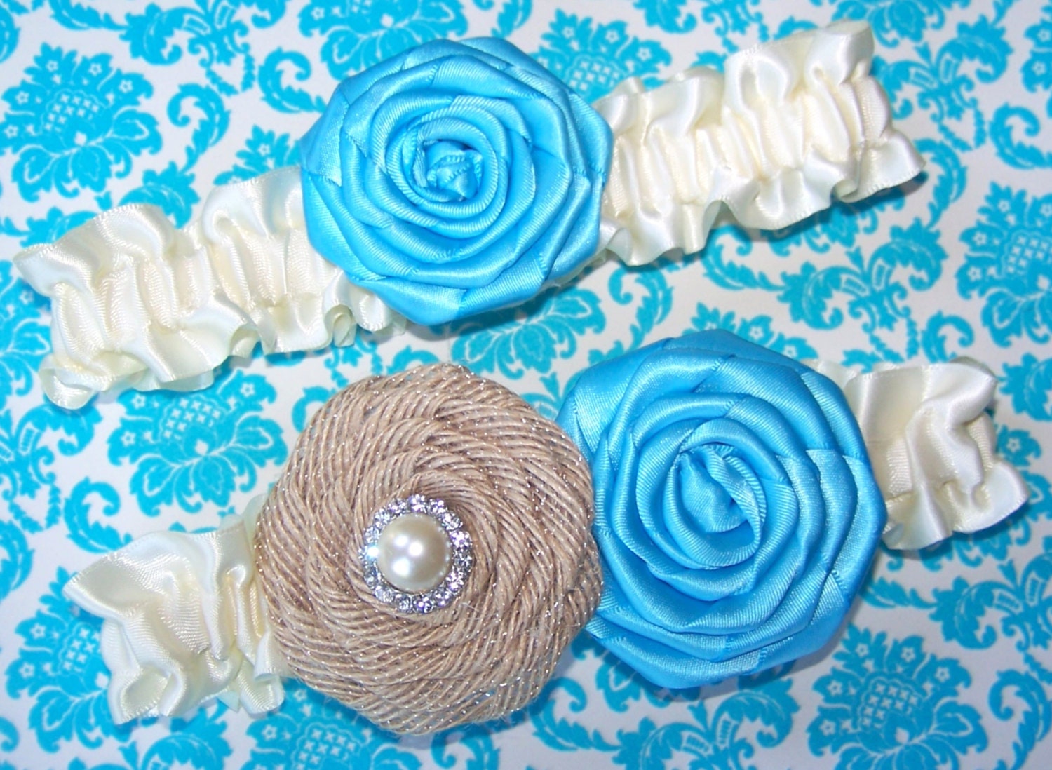 Wedding Garter Set - Burlap and Turquoise, Rosettes, Ivory Satin Band, Custom Colors Available