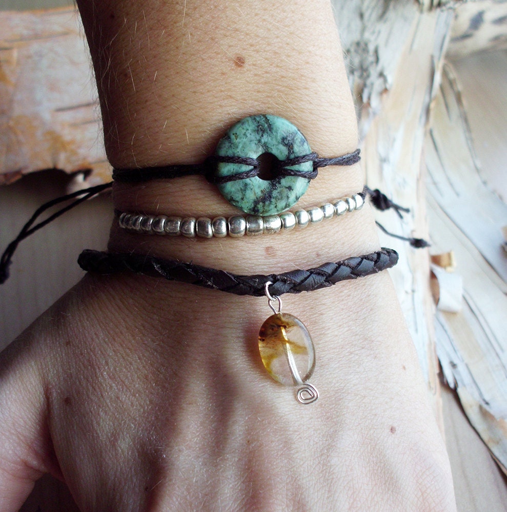 Bohemian Leather Silver Brown Turquoise Indian Bracelet Boho Hippie Adjustable Leather Set of Three