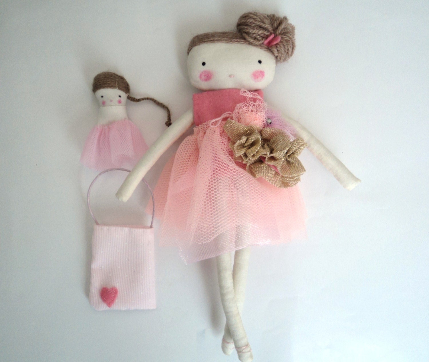 Ballerina, rag doll with dollie - set mothers day cloth doll  pink tutu dress