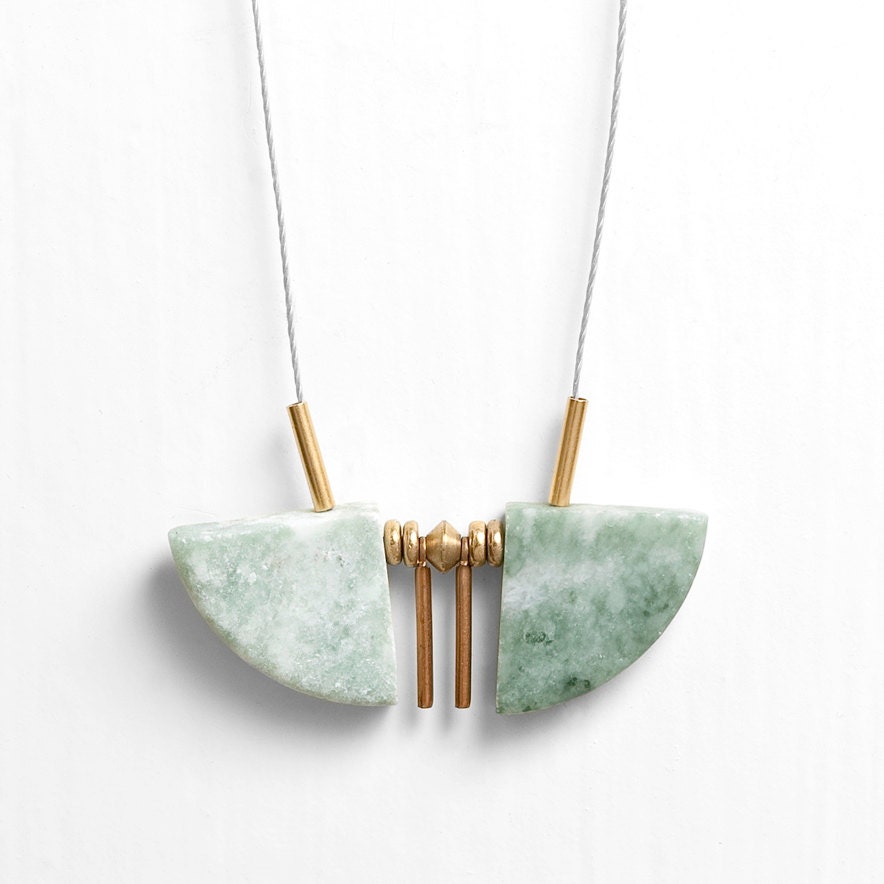 NEW - Green Marble Fan Cord Necklace with Brass Accents